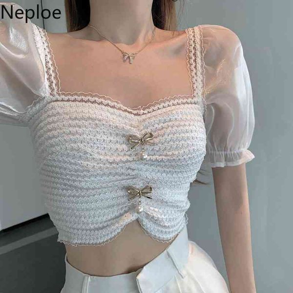 Nebleoe Frauen Bluse Weiße Spitze Slim Hemden Sommer Koreanische Mode Blusas Sexy Patchwork Gaze Kurzarm Crop Tops 4I681 210422