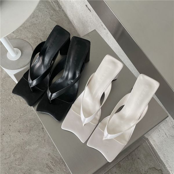 

sandals summer women slippers clip toe casual pumps square thick high heels party slides blue/white/black s ladies flip flops go83