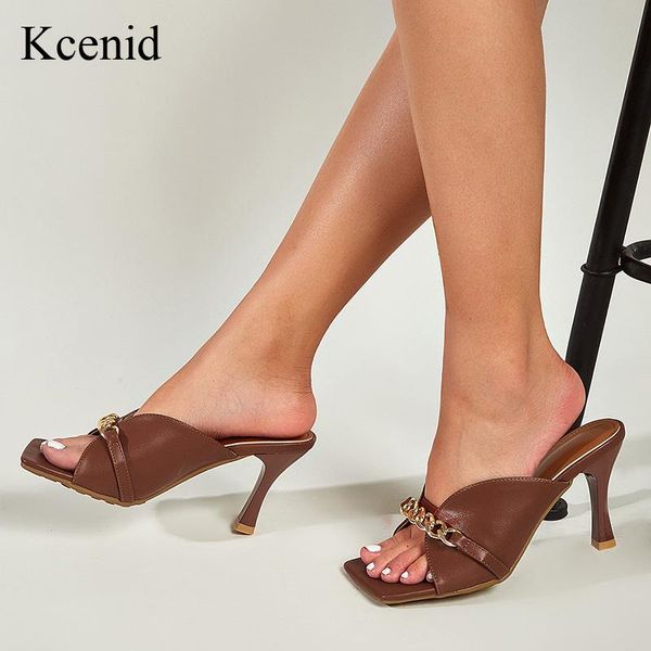 

kcenid fashion chain design square toe women slippers sandals pu leather stiletto heels dress shoes, Black