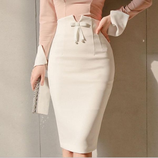 

spring high waist office bodycon midi skirts white women pencil skirt zipper split knee length, Black