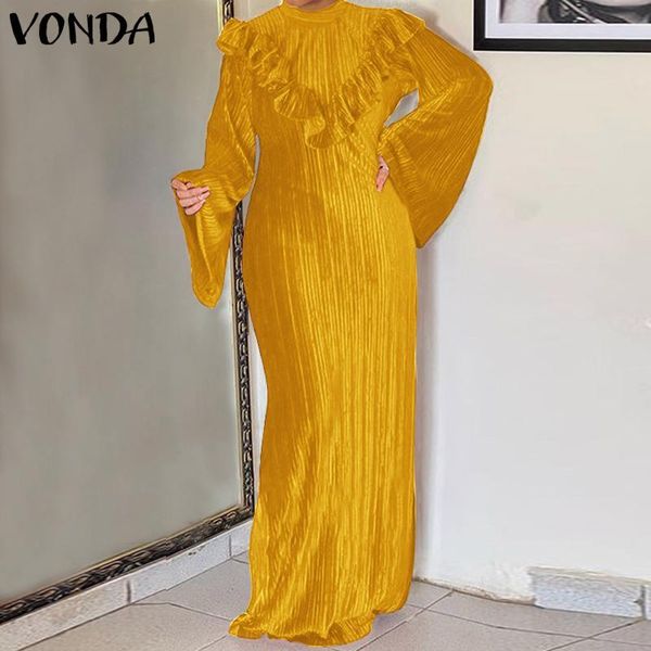 

casual dresses women dress 2021 vonda autumn flare sleeves ruffled maxi loose long sleeve pleated beach sundress oversized vestidos, Black;gray