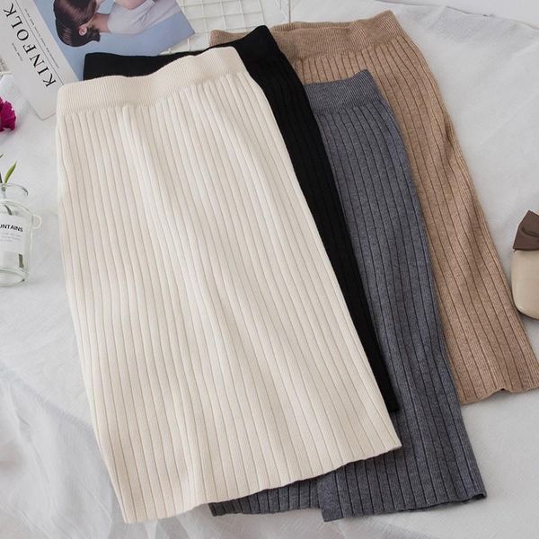 

skirts solid pencil skirt women autumn winter elastic high waist split sweater female midi long package hip knitted ab1235, Black