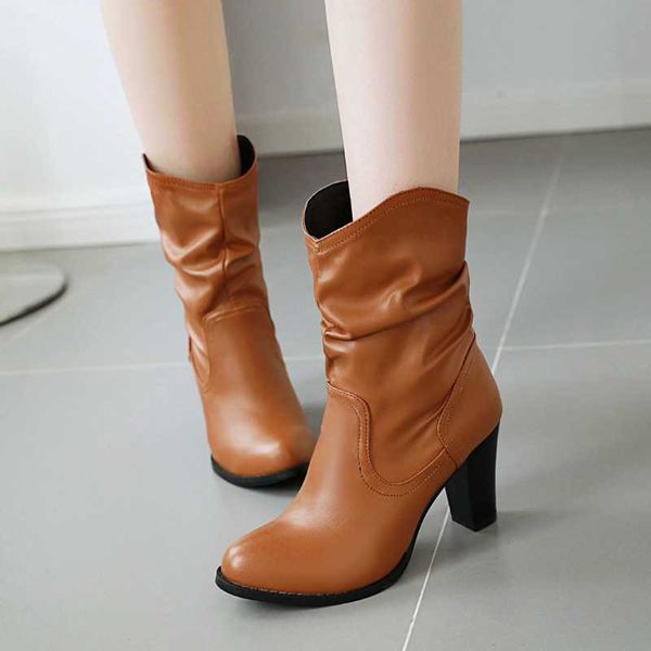 

boots women's western boot pu leather large size slip on botas femininas autumn winter high heels for women casual shoes wsh4138, Black