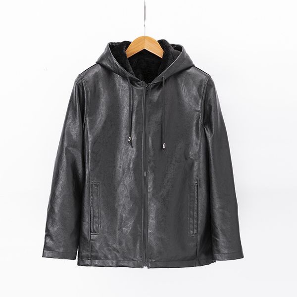

men's leather & faux homens jaqueta de inverno manga longa com capuz casual oversized velo couro do plutÃ´nio roupas meninos preto, Black