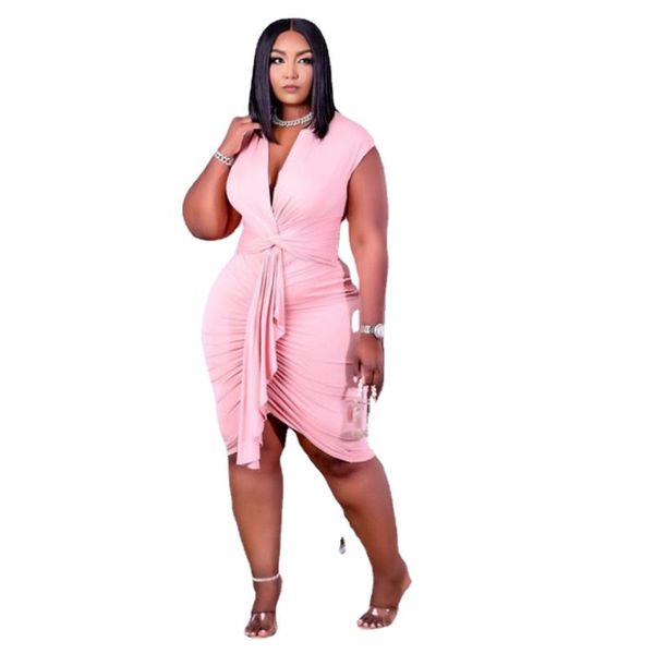 

casual dresses street hipster plus size women clothing fashion fold lace v-neck temperament solid color summer dress 2021 wholesale ite, Black;gray