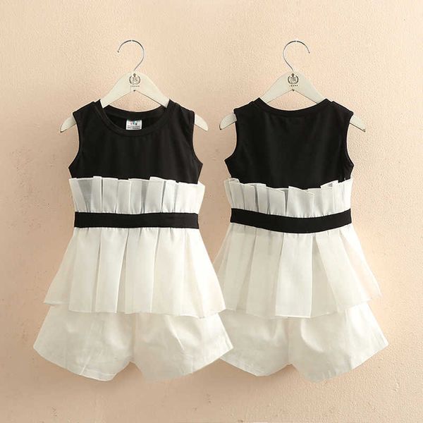 Casual 3 4 6 8 10 12 Anos Branco Patchwork Preto Chiffon Bebê Crianças Meninas Verão Sem Mangas Vest + Shorts 2 Pcs Roupas Set 210529