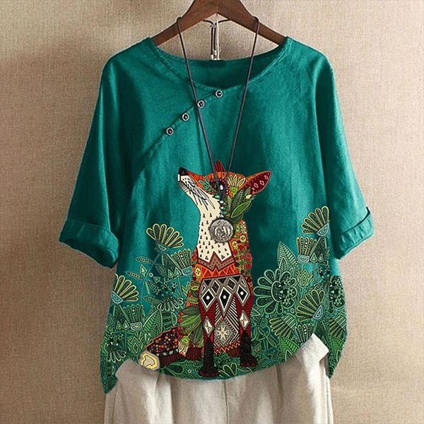 

fox printed loose single breasted women shirt casual buttonlinen plus size boho tanic g2, White