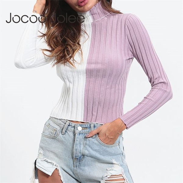 

women fashion long sleeve turtleneck patchwork sweater casual slim panelled color pullover cropped skinny 210416, White;black