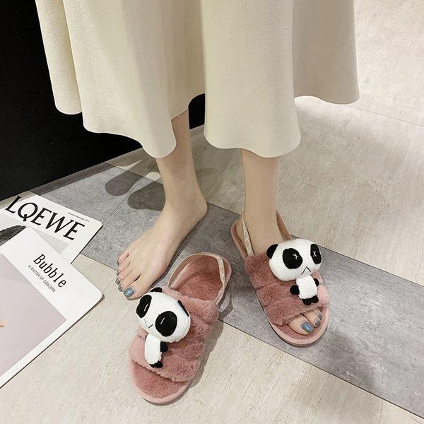 

women slippers winter shoes flat sweet home indoor fur warm soft slip on autumn cartoon panda female short plush, Black