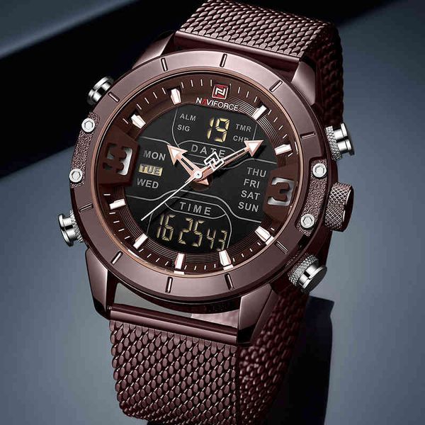 

naviforce men fashion dual display quartz watch mens classic stainless steel strap sport wristwatches relogio masculino 210517, Slivery;brown