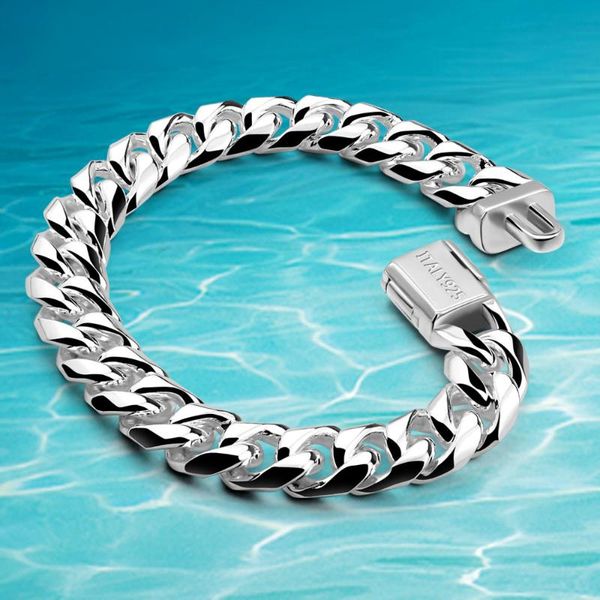 

chains fashion 10mm 925 solid silver cuban water wave chain bracelets men link gift armband male jewelry