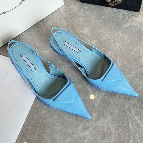 

sandals slippers p family 2021 spring and summer new triangle label cat heel pointed fashion low heel back empty sandals half drag leather w, Black
