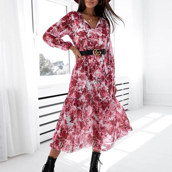 

casual dresses chiffon flowers print long dress boho autumn women full sleeve lace up female elegant holiday a line party vestidos 2021, Black;gray
