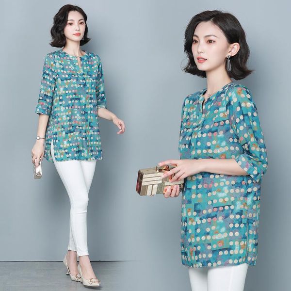

women's blouses & shirts 2021 summer fashion women and blouse short sleeve polka dot chiffon shirt casual lady v-neck plus size loose, White