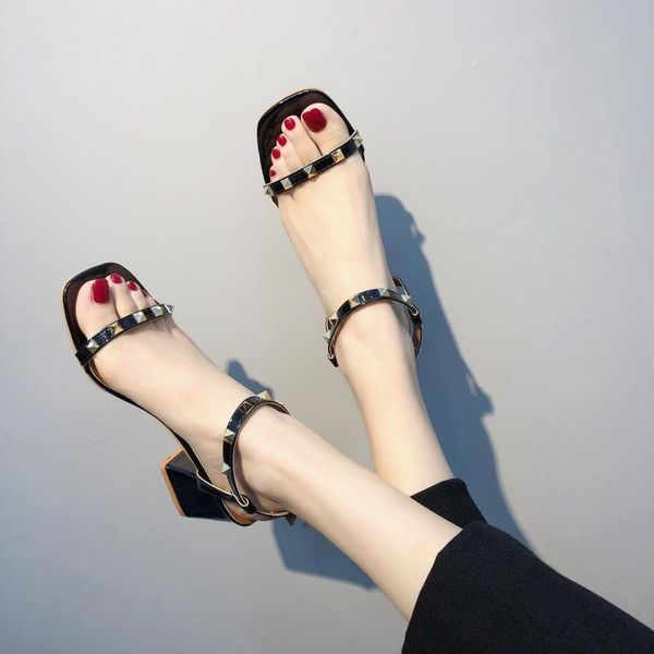 

sandals spring/summer 2021 women's shoes with one-line square toe chunky heel high heels in black patent leather