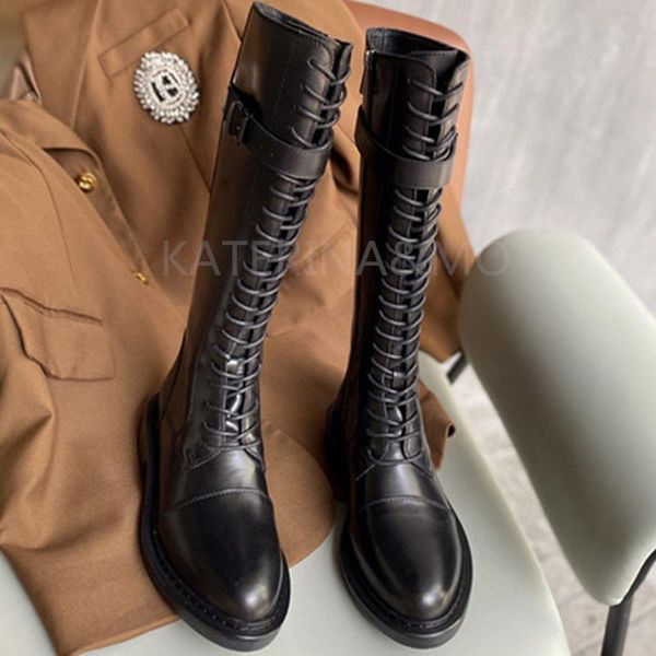 

boots fashion black thick sole knee high women genuine leather round toe lace up real knight long