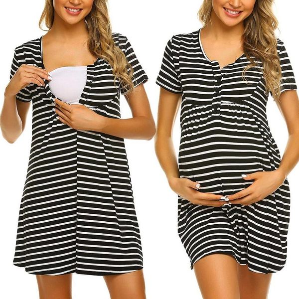 

summer pregnancy woman dress women's maternity short sleeve casual striped nursing dresses breastfeeding vestido lactancia, White