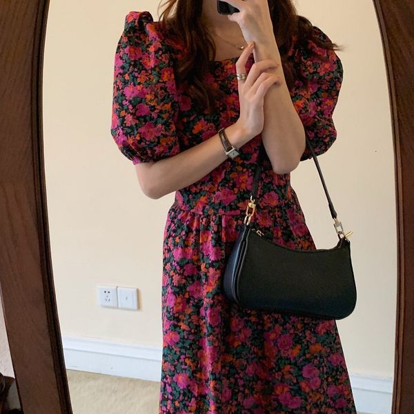 

dresses vintage elegance sleeves florals women summer sweet square collar printed chic a-line long es, Black;gray