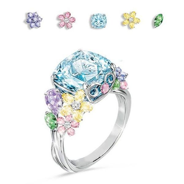 

cluster rings luxury pink sky blue stone crystal for women sliver color wedding engagement flower, Golden;silver