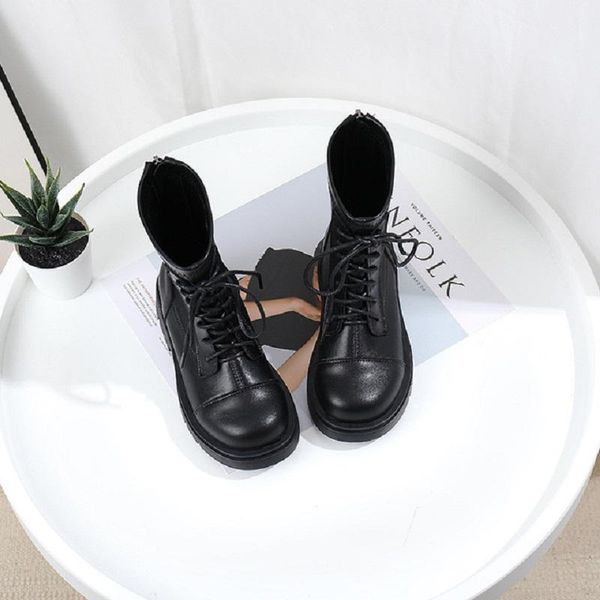 

children' boots leather girls shoes 2021 autumn winter warm british style kids teen black ankle snowboots, Black;grey