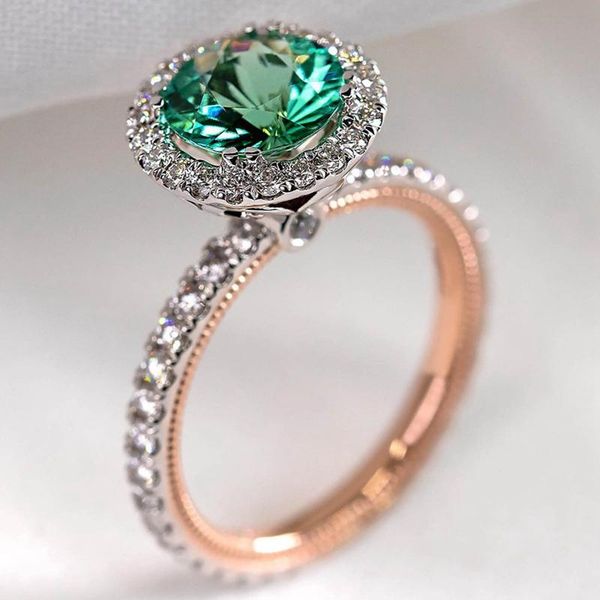 

wedding rings round green stone women micro paved crystal zircon noble gift lady engagement ring, Slivery;golden