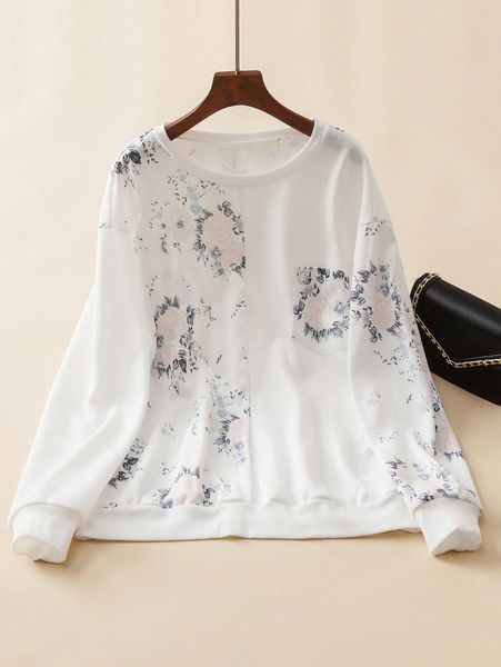

plus floral print pocket patched drop shoulder sweatshirt b1dy#, Black