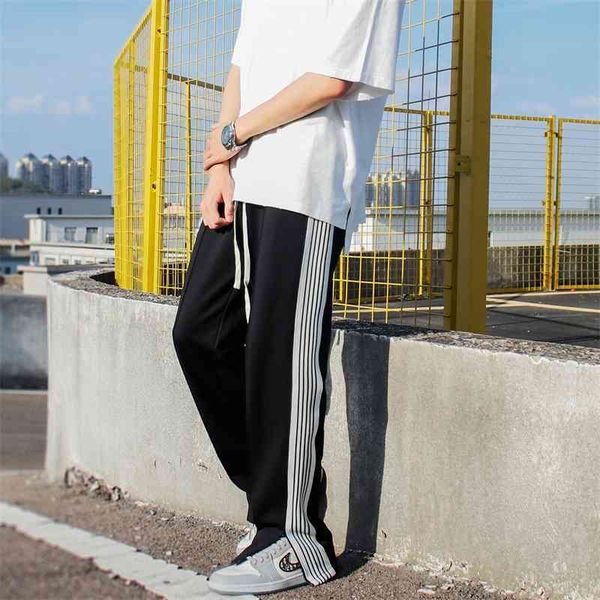 

men's fashion brand loose straight capris trend sports leg zipper side stripe casual pants, Black