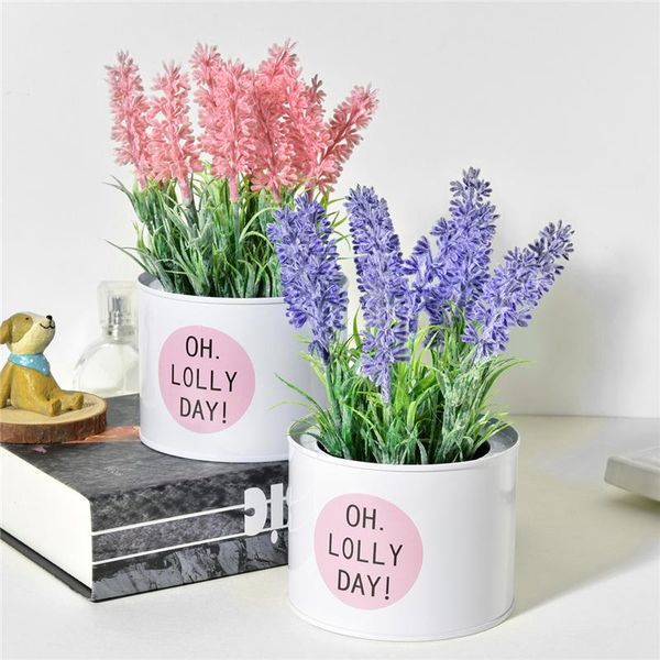 

artificial lavender flowers + iron vase simulation plants mini bonsai set for wedding party home garden decoration fake decorative & wreaths