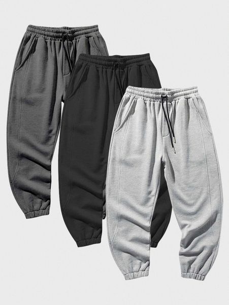 

men 3pcs drawstring waist slant pocket sweatpants j67l#, Black