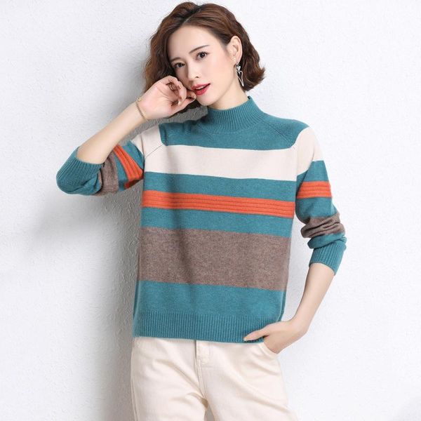 

women's sweaters fall winter 2021 half high neck sweater short pullover single loose large size splicing color contrast, White;black