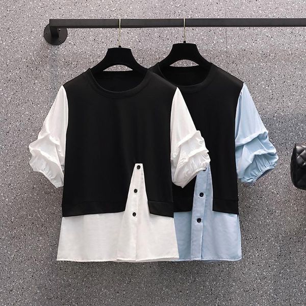 

women's t-shirt plus size fake two-piece stitching women elegant summer loose short woman, White