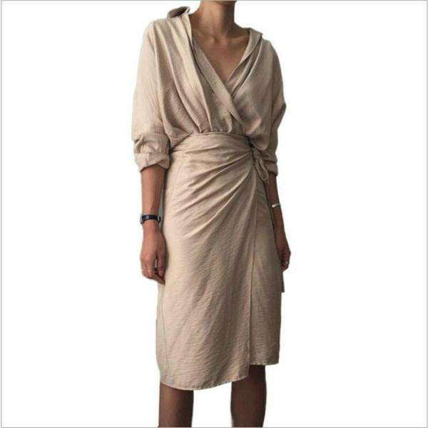 

casual dresses autumn korean temperament solid color v collar long sleeves side bandage mid-calf dress woman, Black;gray