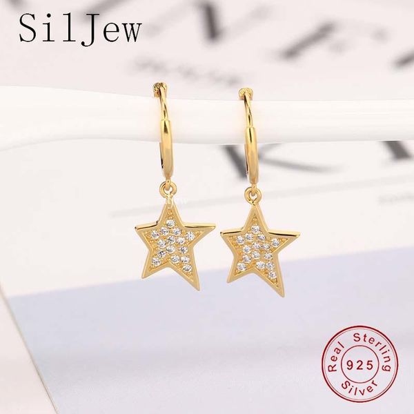 

hoop & huggie real 100% 925 sterling silver trendy pave zircon irregular star hanginghoop earrings for women jewelry creole accessories gift, Golden;silver