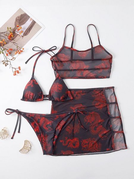 

4pack halter bikini swimsuit with dragon print mesh cover up 9965#, White;black