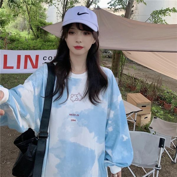 

women's t-shirt korean fashion tie-dye jigsaw print long-sleeved women blue gothic kpop egirl aesthetic y2k friends urban clothes, White