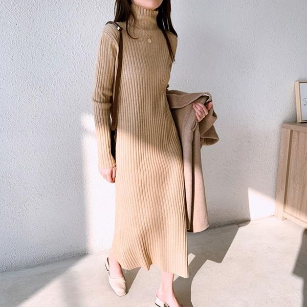 

casual dresses 2021 autumn winter knit dress fashion women high neck slim sweater, Black;gray