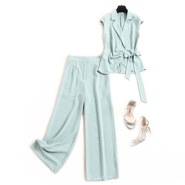 

women's tracksuits fashion solid color chiffon suit 2021 2 piece set women summer lapel strap coat straight pants two, Gray
