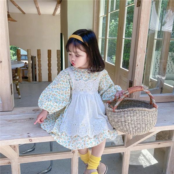 

clothing sets floral princess dress for girls kids long sleeved lace patchwork casual dresses with vest toddler baby cotton infant, White