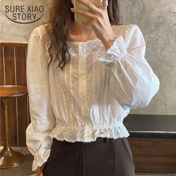 

women's blouses & shirts white shirt autumn korean long sleeve lace blouse loose square collar overalls for women vintage ropa de muje