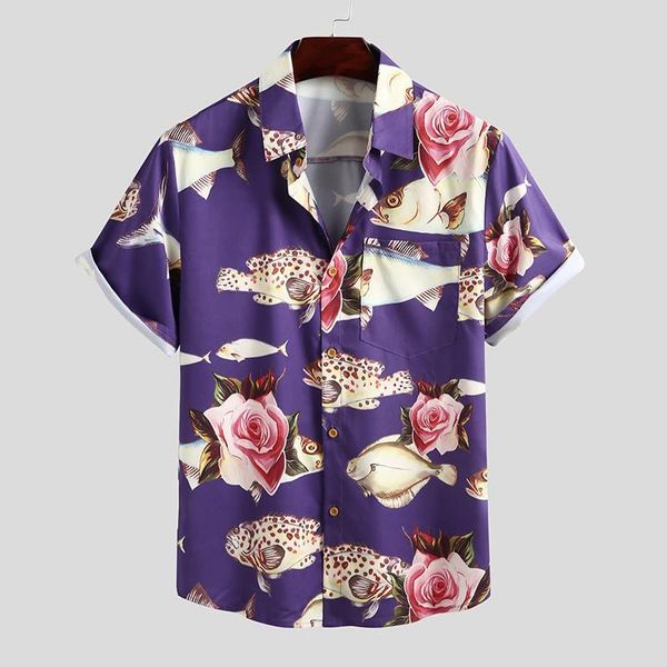 

men's casual shirts incerun men flower printed man loose breathable blusas short sleeve lapel hawaiian summer streetwear s-3xl, White;black