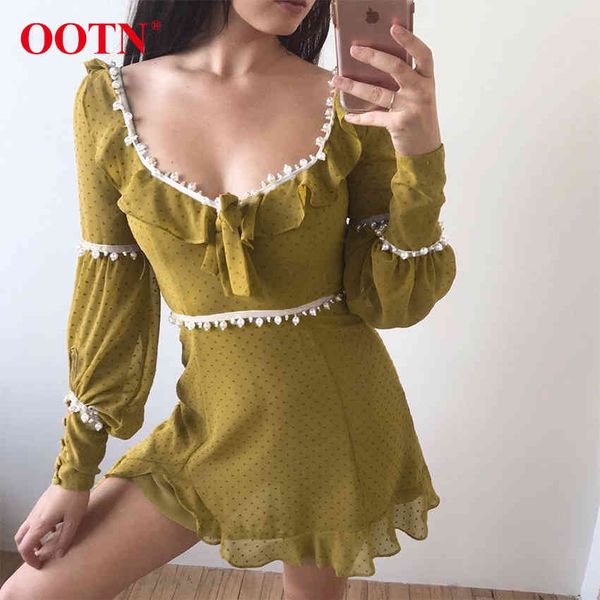 

ootn pearl strings yellow polka dot dress summer chiffon dresses bohemia long sleeve ruffle bow tie square collar women sundress 210413, Black;gray