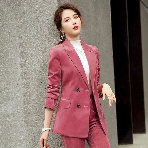 

double breasted blazer and pants set ladies office two piece corduroy suit for women pink black green suits elegant woman women's, White
