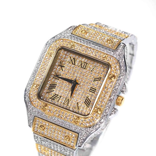 Hip Hop Roman Scale Relógio de Quartzo Moda Full Diamond Square Dial Masculino, Moda Gold Watches Jewellerys