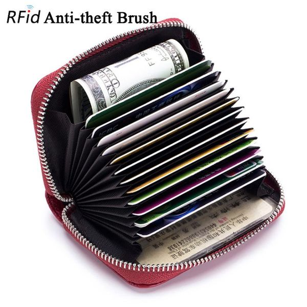 

card holders 12 slots rfid genuine leather travel holder wallet zipper clutch bag large capacity handbags purse, Brown;gray