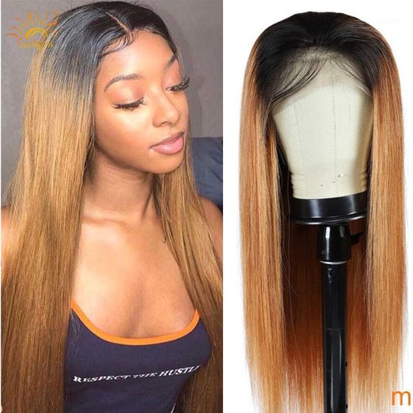 

highlight blonde human hair wigs 1b/27 brown straight lace front wig 150 brazilian 13x4 sunlight ombre for women1, Black;brown