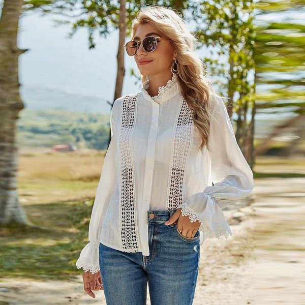 

women's blouses & shirts hollow lace stitching blouse women ladies trumpet sleeve stand collar long white shirt chemise blanche