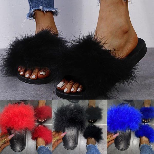 

slippers summer women fur real slides female indoor flip flops casual raccon sandals furry fluffy plush shoes 55, Black