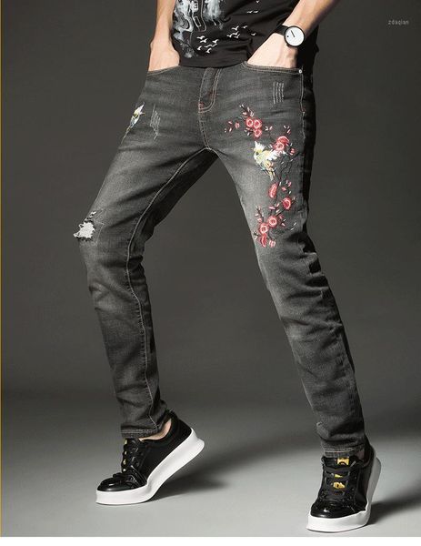

men's jeans personalized embroidered elastic holed mens, Blue