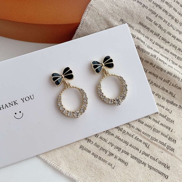

bow simple earclip new diamond ring temperament net red high-grade earrings, Black