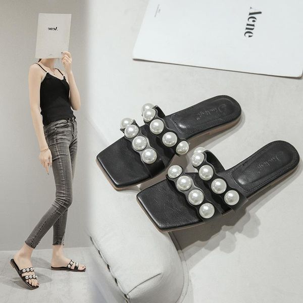

fashion casual women's shoes large size outer wear pearl slippers vacation beach flat bottom, Black